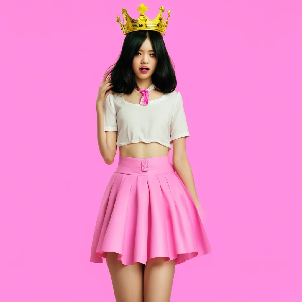 aigirl getting a hanging wedgie while having a pink skirt%2C a crown%2C black hair%2C white shirt%2C cross neck less and blushing while crying and freaking out.  amazing awesome portrait 2