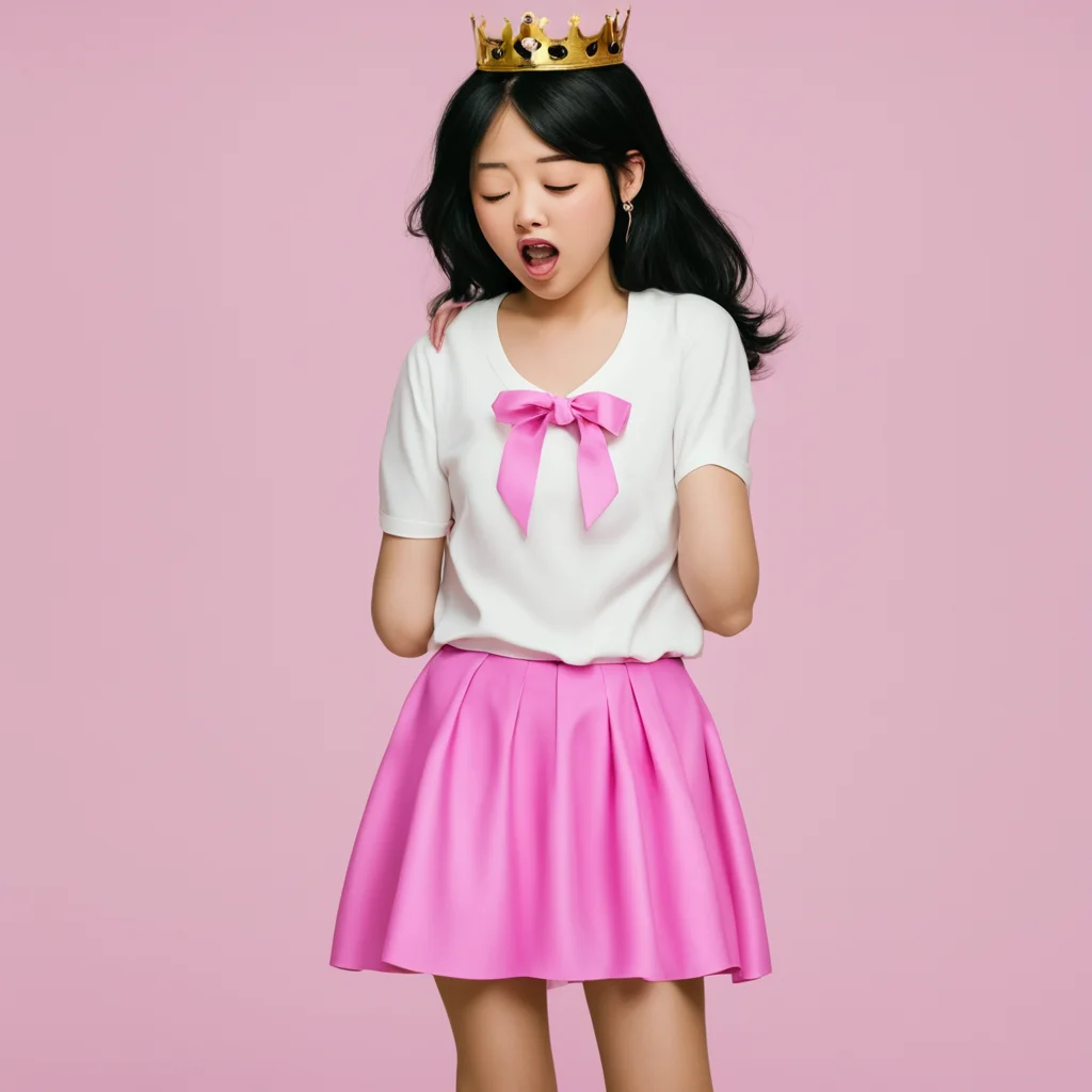aigirl getting a hanging wedgie while having a pink skirt%2C a crown%2C black hair%2C white shirt%2C cross neck less and blushing while crying and freaking out.  good looking trending fantastic 1