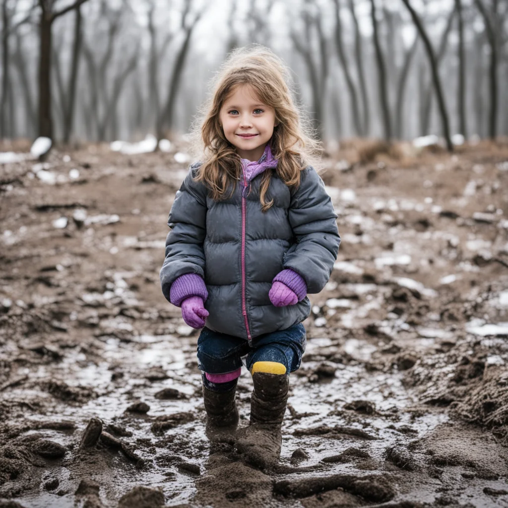 girl in winter clothes playing in mud