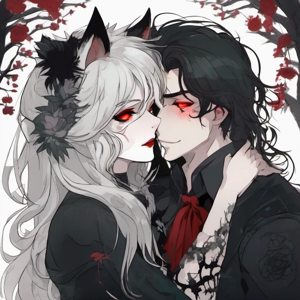 aigirl she wolf has emerald eyes and long white hair. boy vampire has red eyes and jet black hair. they are hugging and kissing one another. they are in a garden%2C it%27s night time%2C a red moon is out. confident engaging wow artstation art 3