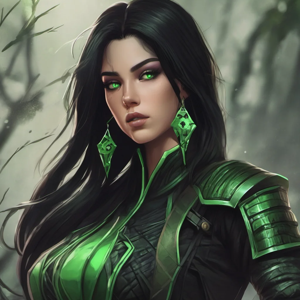 girl with long black hair and green eyes wearing a black and green outfit inspired by mortal kombat confident engaging wow artstation art 3