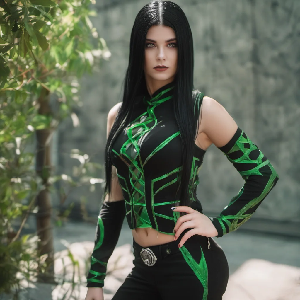 girl with long black hair and green eyes wearing a black and green outfit inspired by mortal kombat