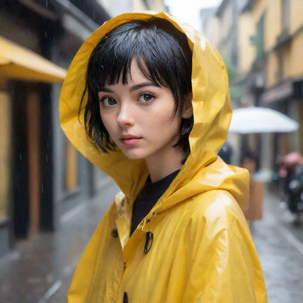 girl with short cutted black hair with a yelloe raincoat