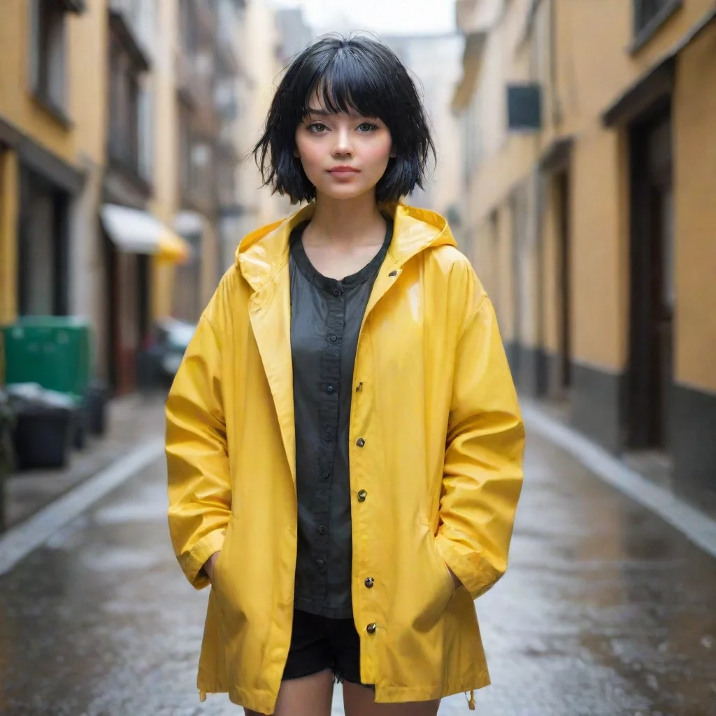girl with short cutted black hair with a yellow raincoat