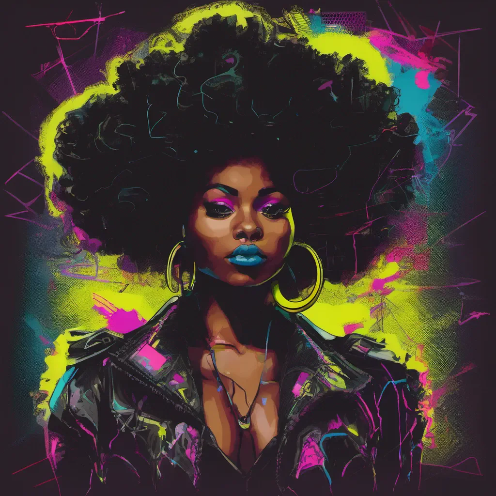 god neon punk black woman suphero with a big afro confident engaging wow artstation art 3