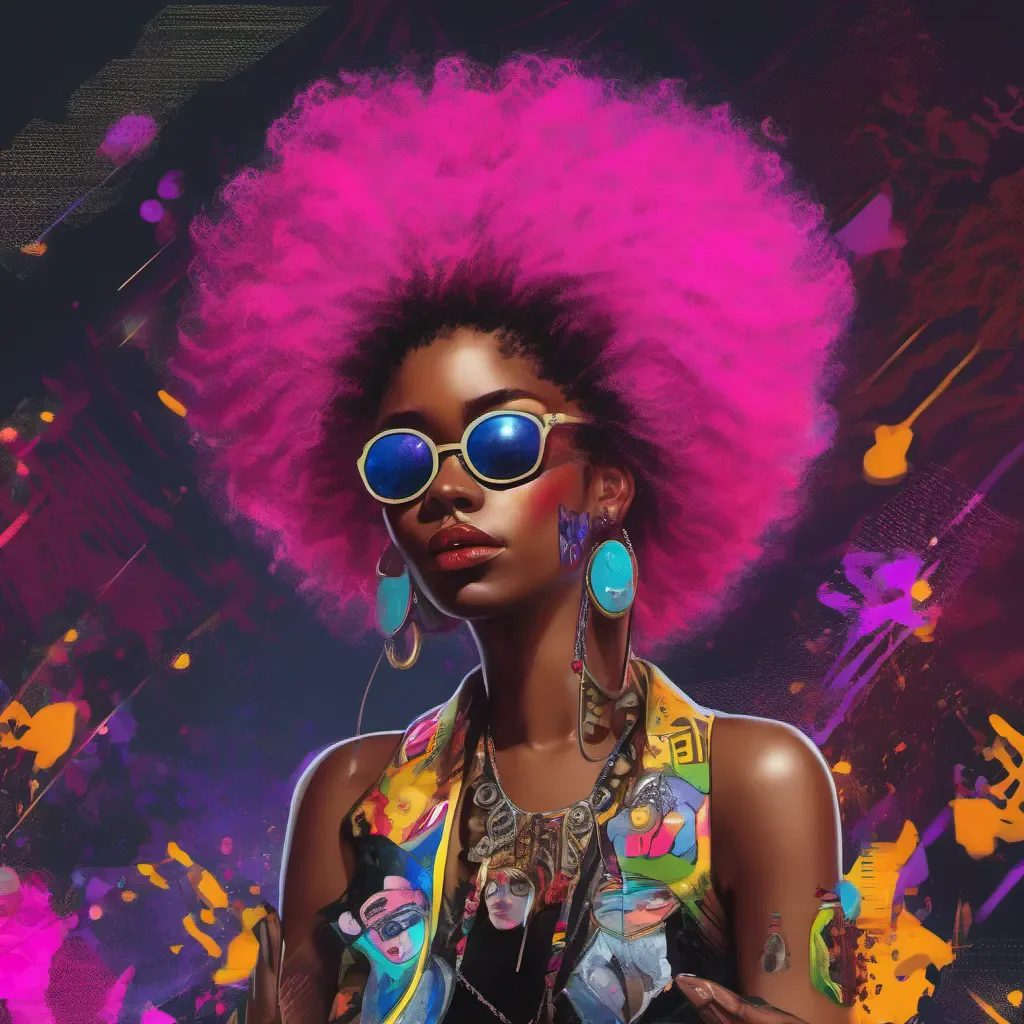 god neon punk black woman suphero with a big afro