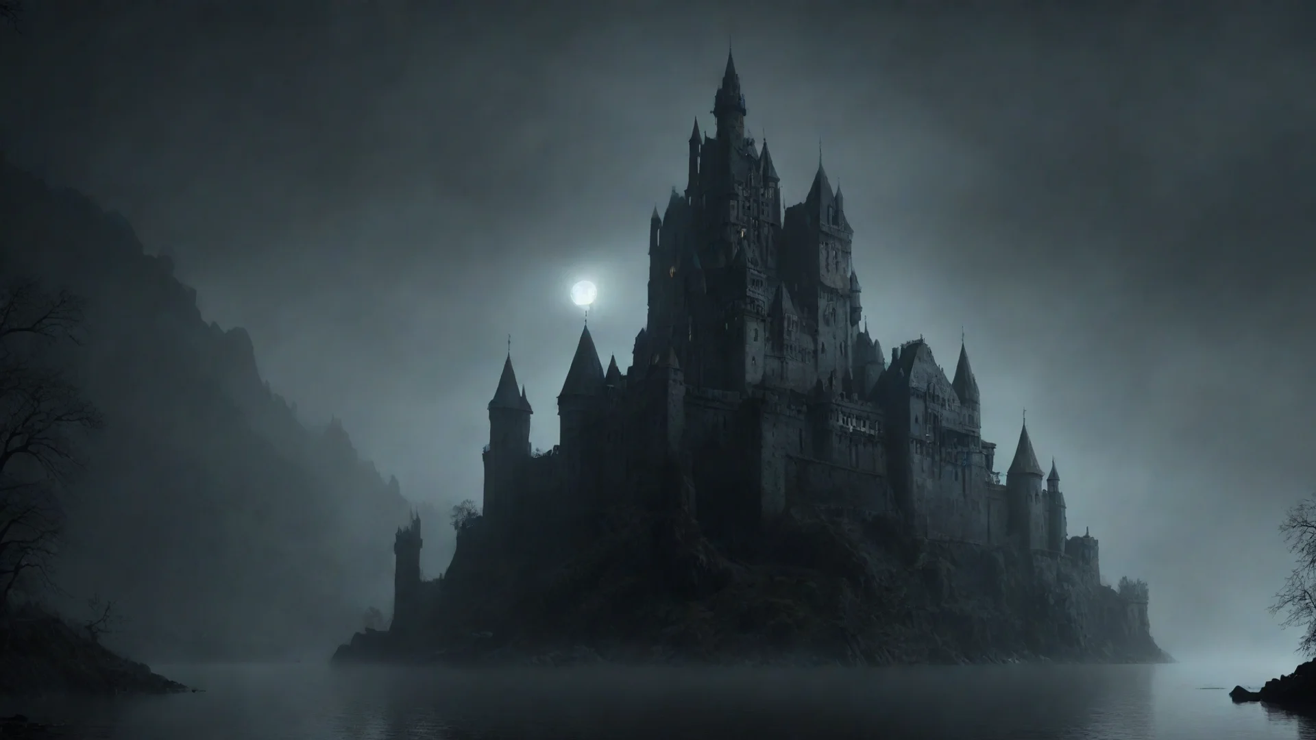 gormenghast castle mutant city on far shore of lake misty night atmosphere dark noir detailed photography wide