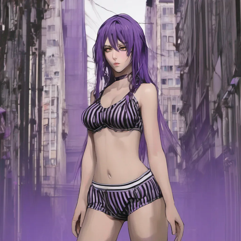 gothic anime woman modeling in black and purple striped underwear. amazing awesome portrait 2