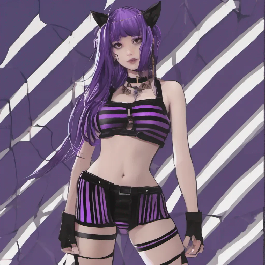 gothic anime woman modeling in black and purple striped underwear. confident engaging wow artstation art 3