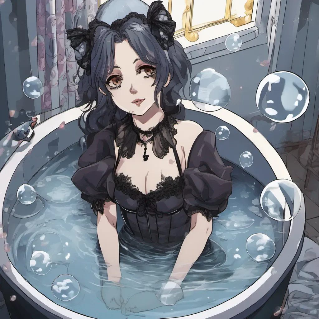 aigothic anime woman taking a bubble bath.