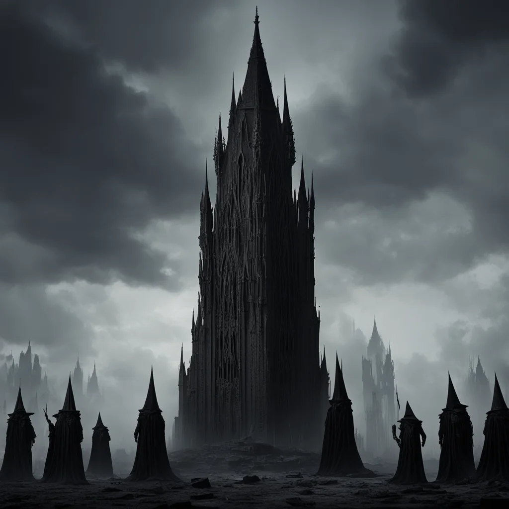 aigothic macabre spire tower of athanor with groups of dark cultists cloaked figures below in front of tower tower has a f amazing awesome portrait 2