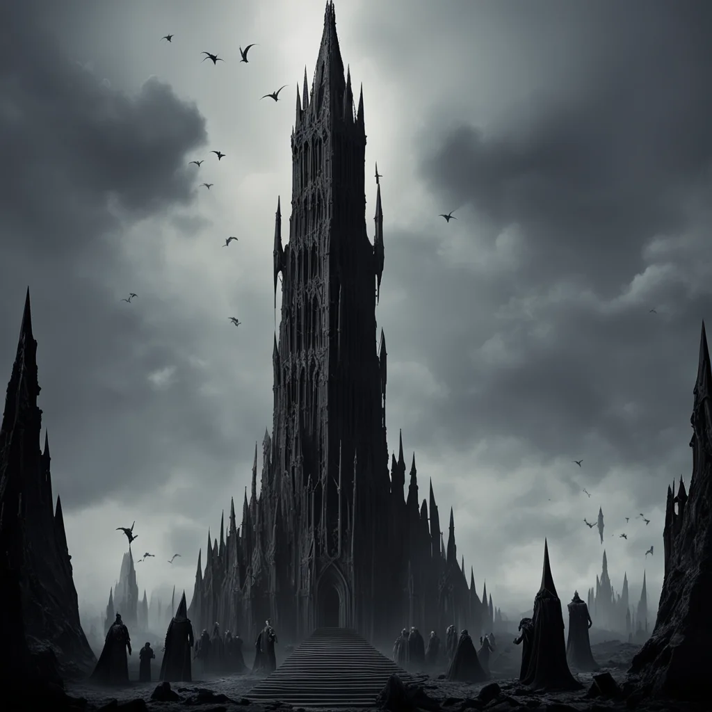 gothic macabre spire tower of athanor with groups of dark cultists cloaked figures below in front of tower tower has a f good looking trending fantastic 1