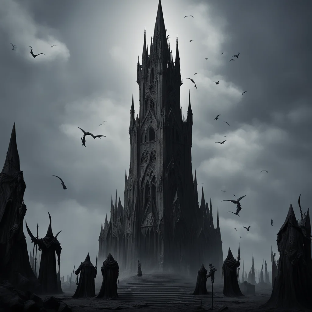 gothic macabre spire tower of athanor with groups of dark cultists cloaked figures below in front of tower tower has a f