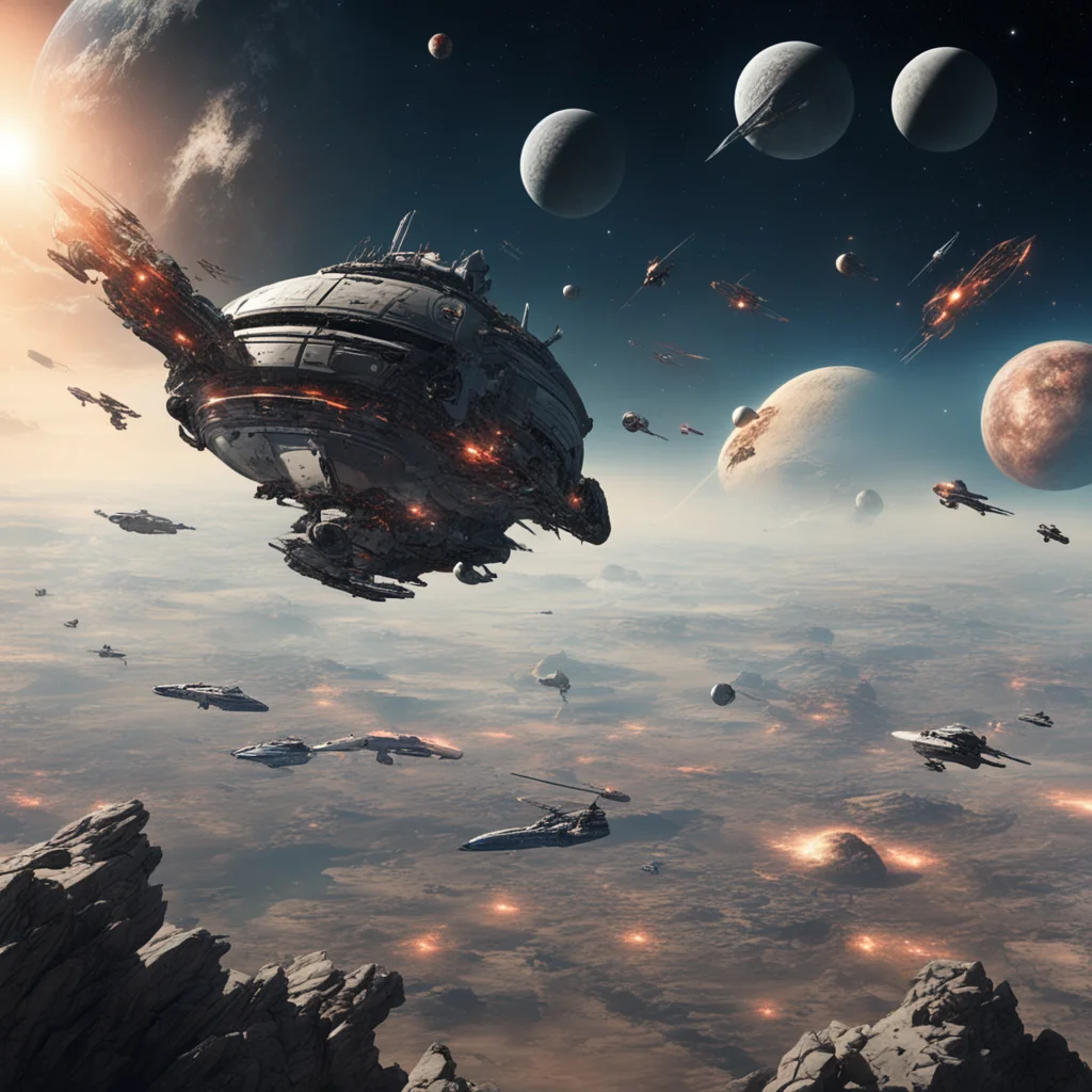 aigrand view of a space battle between the human resistance and the tel empire