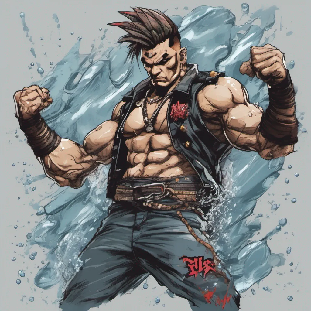 aigraphic design illustration of a punk street fighter wearing a rock metal outfit with water elements around it. grain effects%2C normal shadows%2C natural and realistic colors%2C vectors%2C hand sketches%2C human design work%2C japanese vibration. detailed. pro vector%2C minimized design%2C black background comic book good looking trending fantastic 1