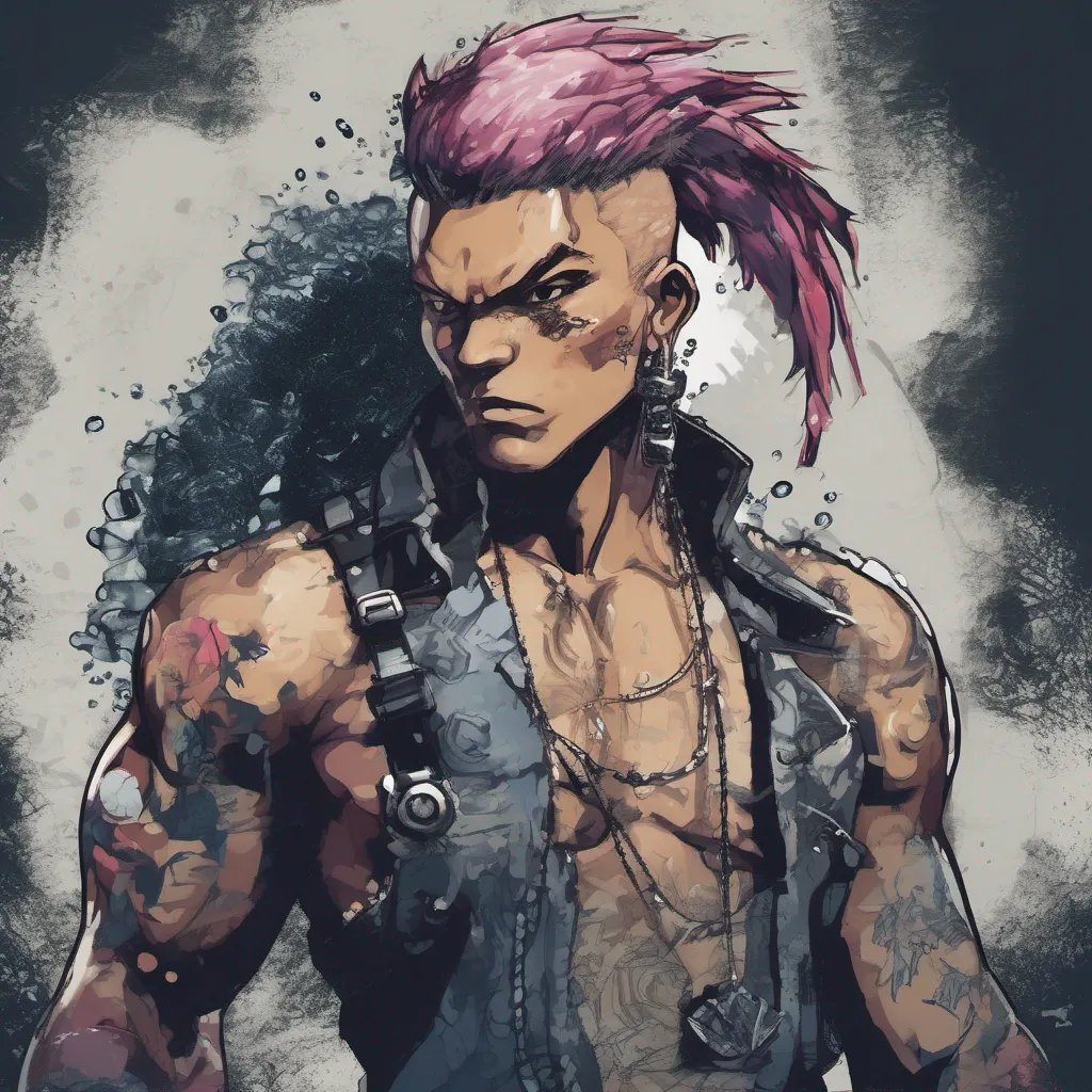 aigraphic design illustration of a punk street fighter wearing a rock metal outfit with water elements around it. grain effects%2C normal shadows%2C natural and realistic colors%2C vectors%2C hand sketches%2C human design work%2C japanese vibration. detailed. pro vector%2C minimized design%2C black background comic book