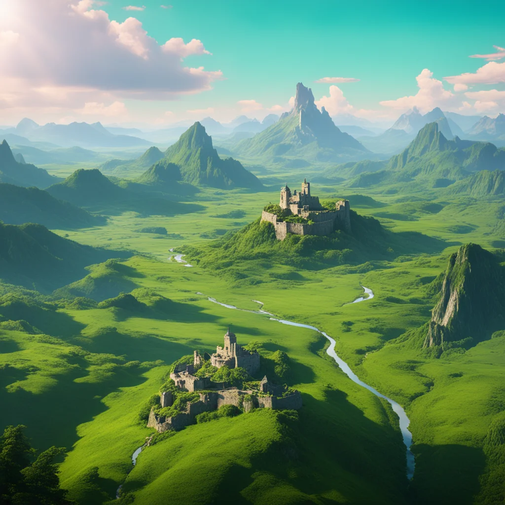 green mountain valley with floating castle island in distance