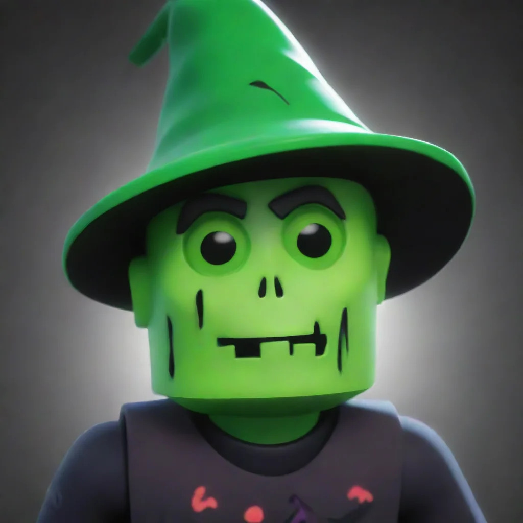 green roblox zombie with a sick face and overseer witch hat and helmet