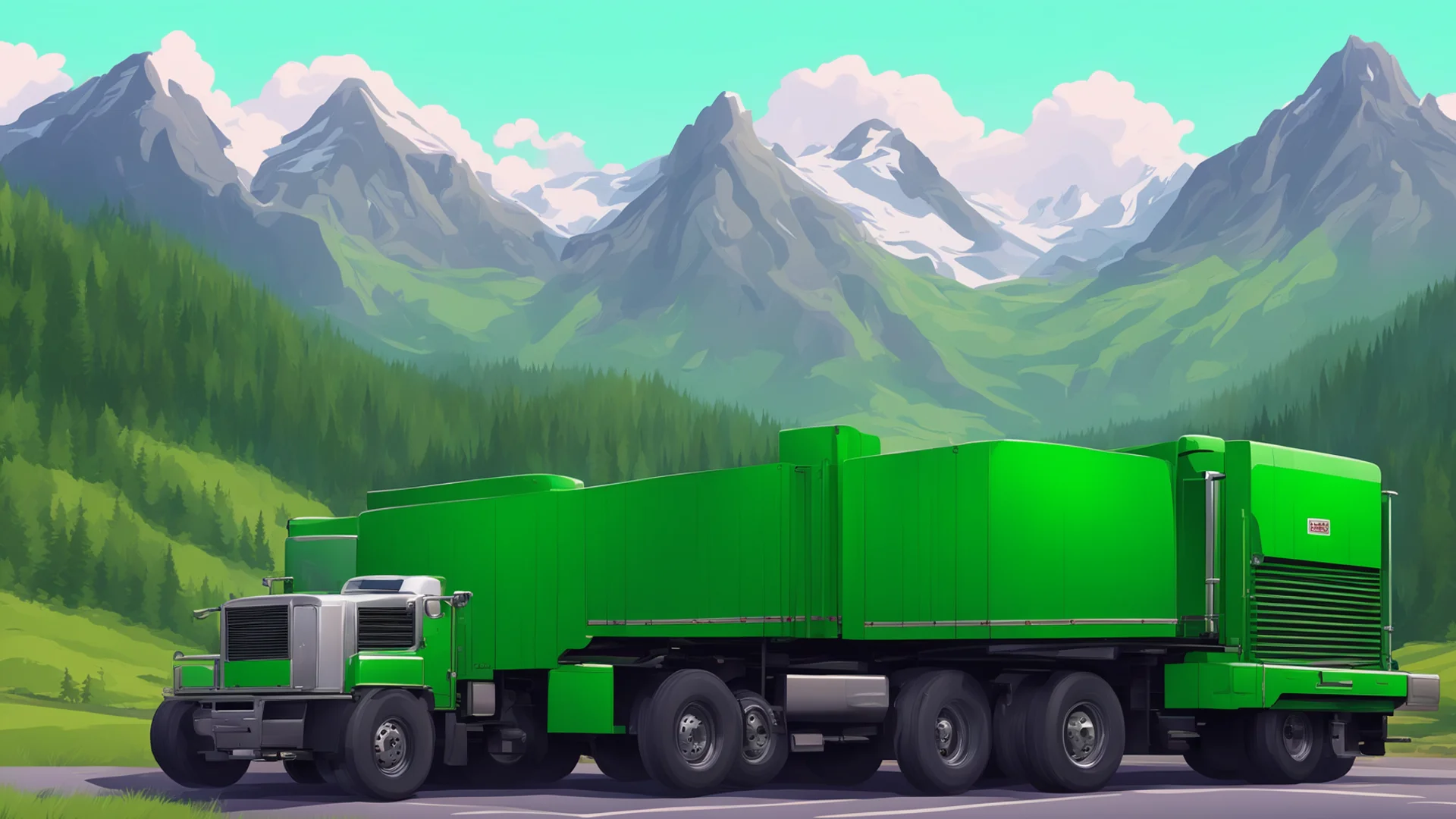 aigreen semi truck%2C flatbed trailer%2C scenic mountain background%2C realistic style amazing awesome portrait 2 wide