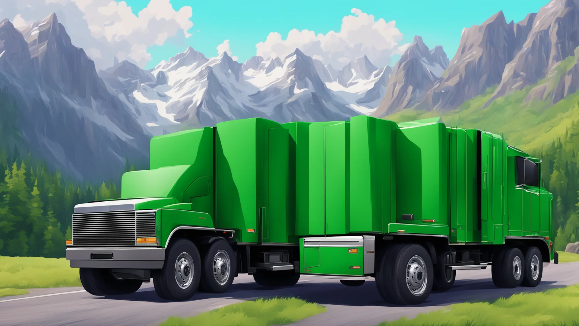 aigreen semi truck%2C flatbed trailer%2C scenic mountain background%2C realistic style good looking trending fantastic 1 wide
