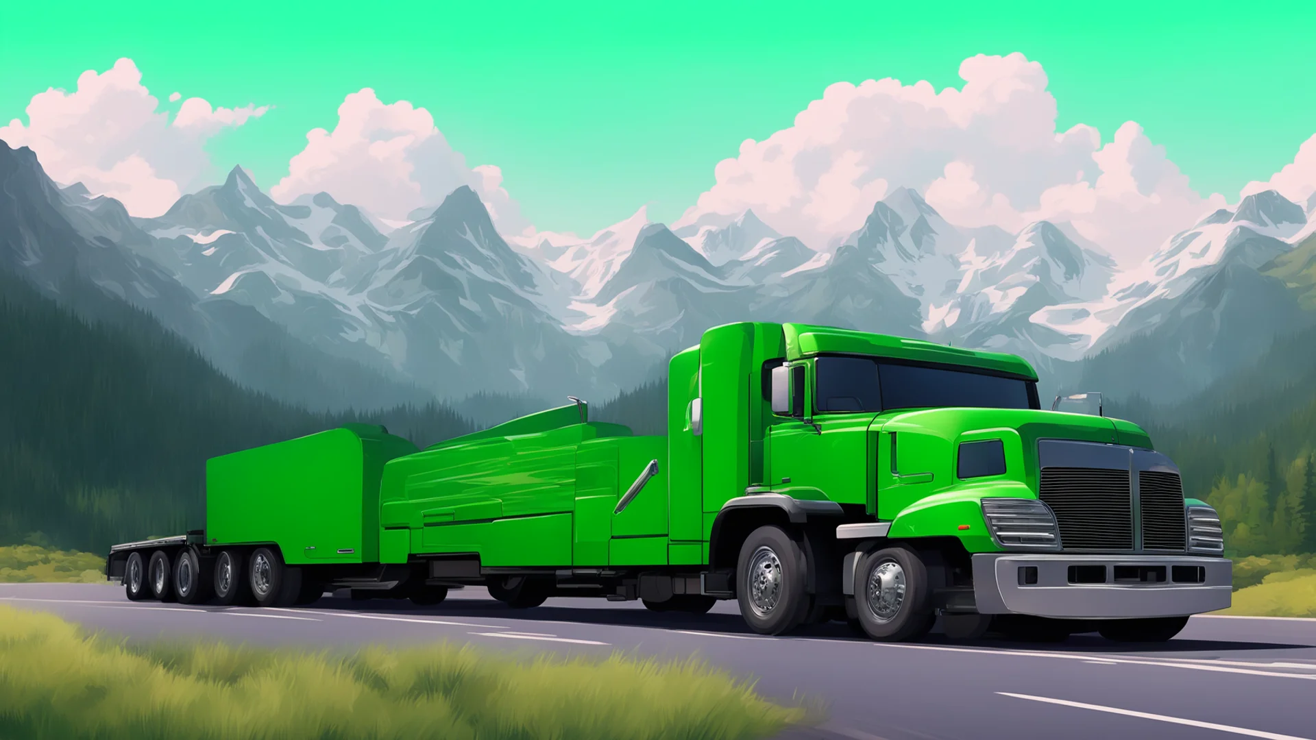 aigreen semi truck%2C flatbed trailer%2C scenic mountain background%2C realistic style wide