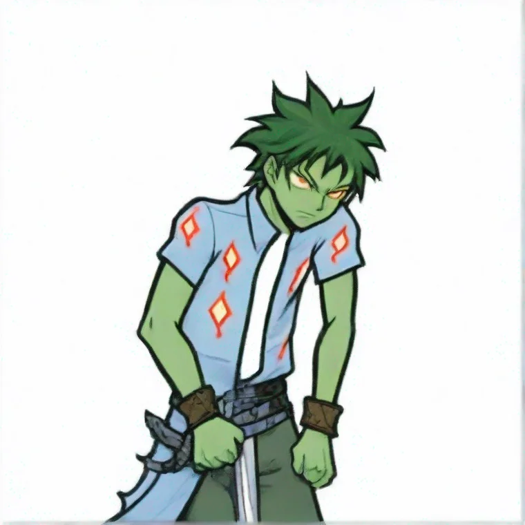 aigreen skinned man with messy dark greeen hair%2C defined face%2C glowing white eyes%2C light blue flannel with flame pattern%2C hunched over%2C holding diamond sword%2C anime art style