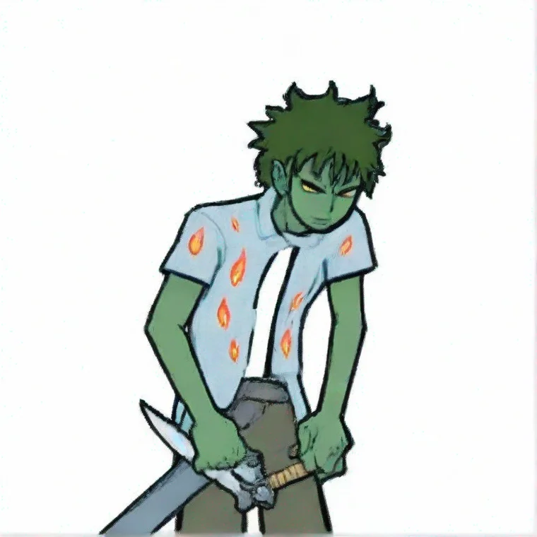 aigreen skinned man with messy dark greeen hair%2C defined face%2C glowing white eyes%2C light blue flannel with flame pattern%2C hunched over%2C holding diamond sword