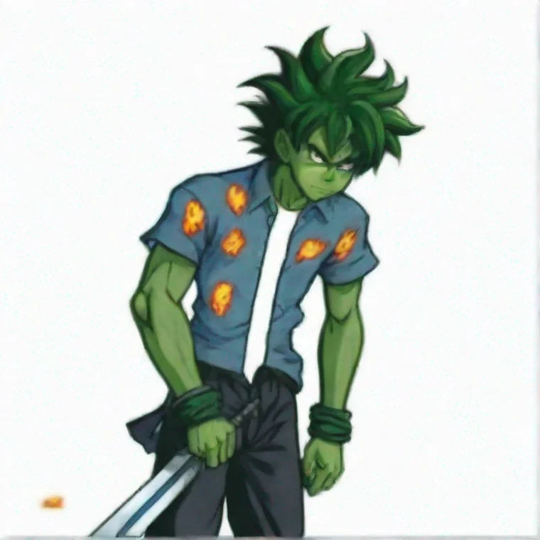 aigreen skinned man with messy dark greeen hair%2C glowing white eyes%2C light blue flannel with flame pattern%2C hunched over%2C holding diamond sword%2C anime artstyle%2C dragon ball z