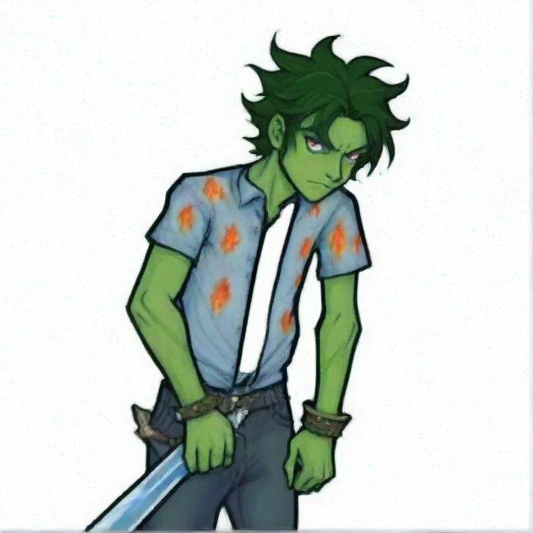 aigreen skinned man with messy dark greeen hair%2C glowing white eyes%2C light blue flannel with flame pattern%2C hunched over%2C holding diamond sword