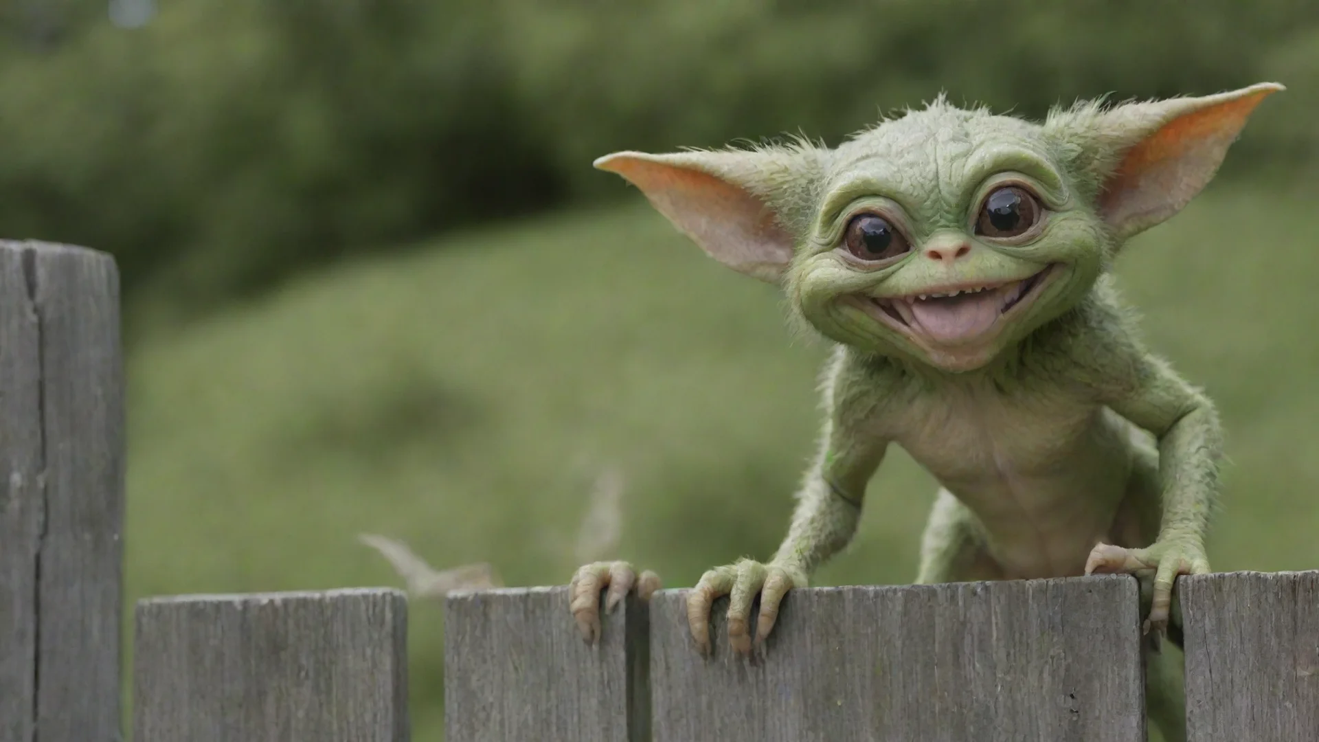 aigremlin sitting on a fence smiling wide