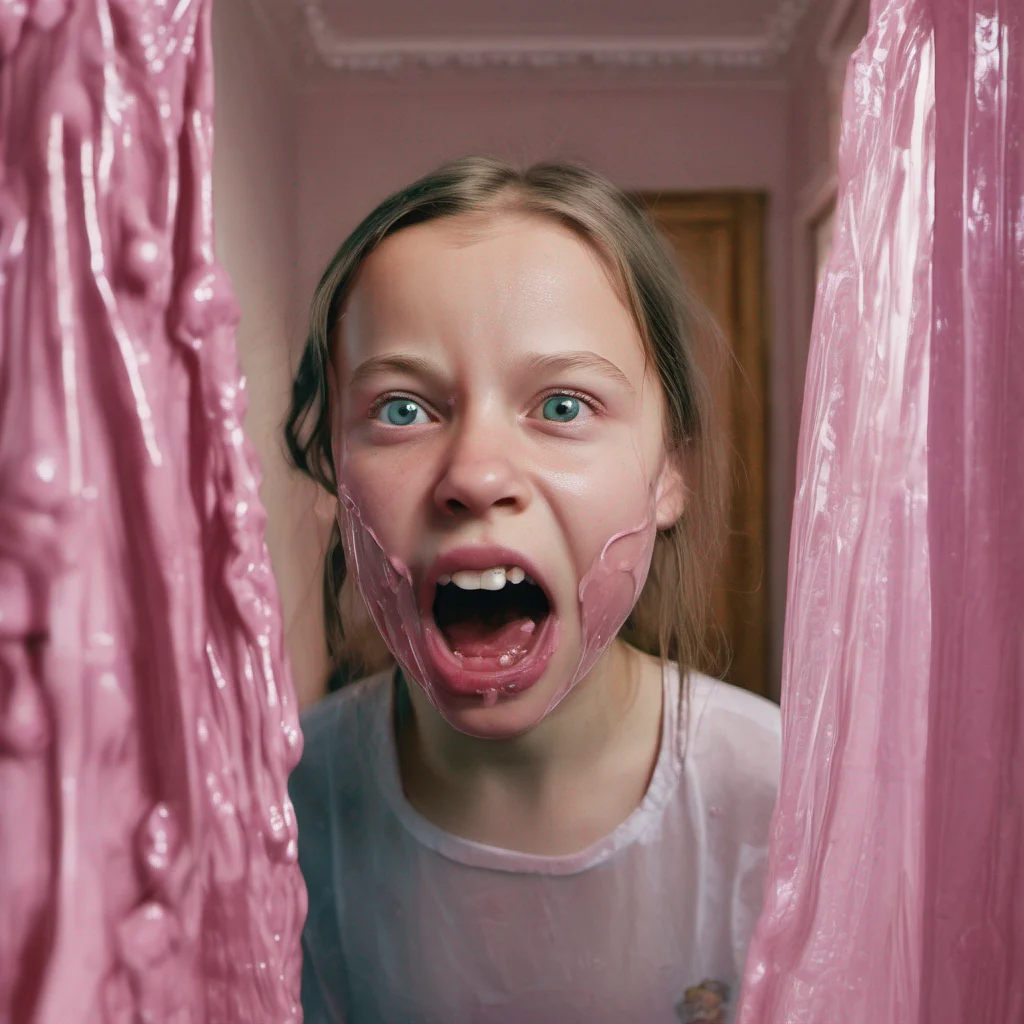 aigreta thunberg %2C transparent slime in her face and runs out of the mouth %2C bra %2C bedroom %2C looking into camera amazing awesome portrait 2