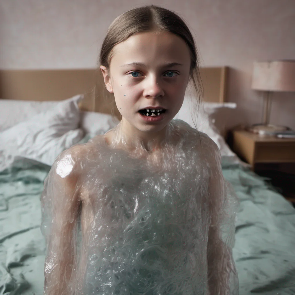 aigreta thunberg %2C transparent slime in her face and runs out of the mouth %2C bra %2C bedroom %2C looking into camera