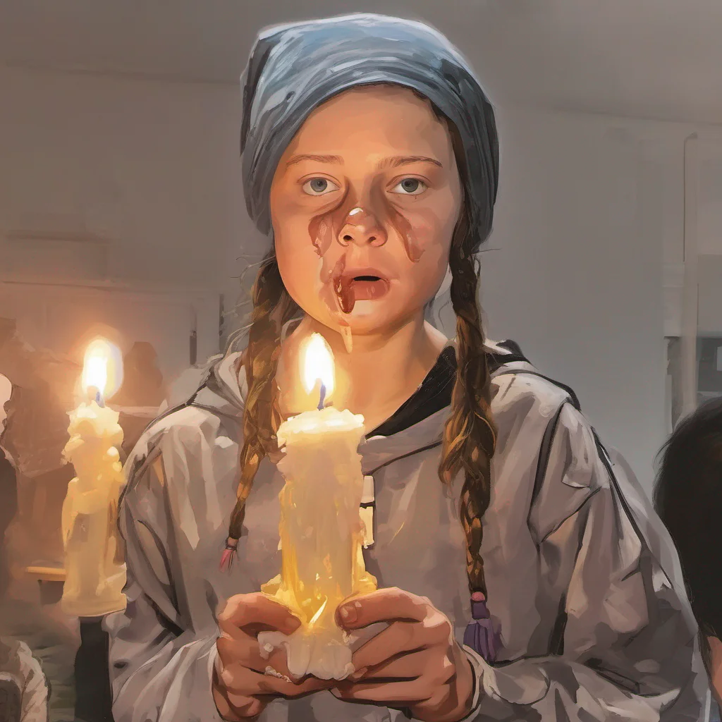 aigreta thunberg  candle in mouth %2C transparent slime in face