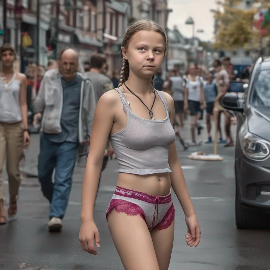 aigreta thunberg in lingerie on the street  %2C high realistic %2C bra %2C slip %2C tanga