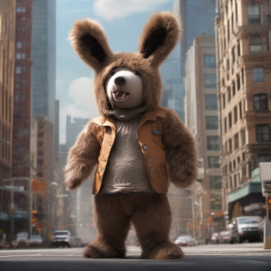 grizzly%2C dressed in a bunny costume with bunny ears%2C rich brown fur%2C bear like%2C fierce%2C roaring in the city%2C masterpiece%2C best quality amazing awesome portrait 2