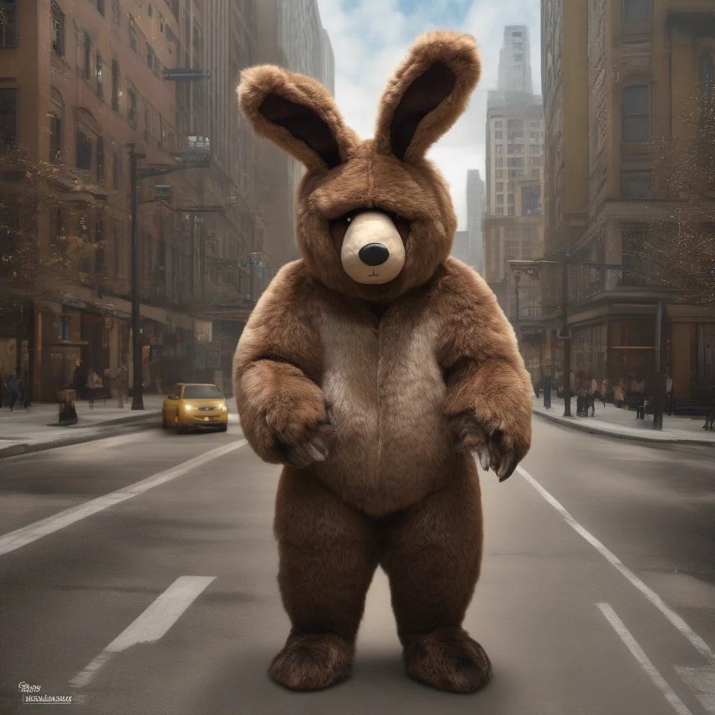 aigrizzly%2C dressed in a bunny costume with bunny ears%2C rich brown fur%2C bear like%2C fierce%2C roaring in the city%2C masterpiece%2C best quality good looking trending fantastic 1
