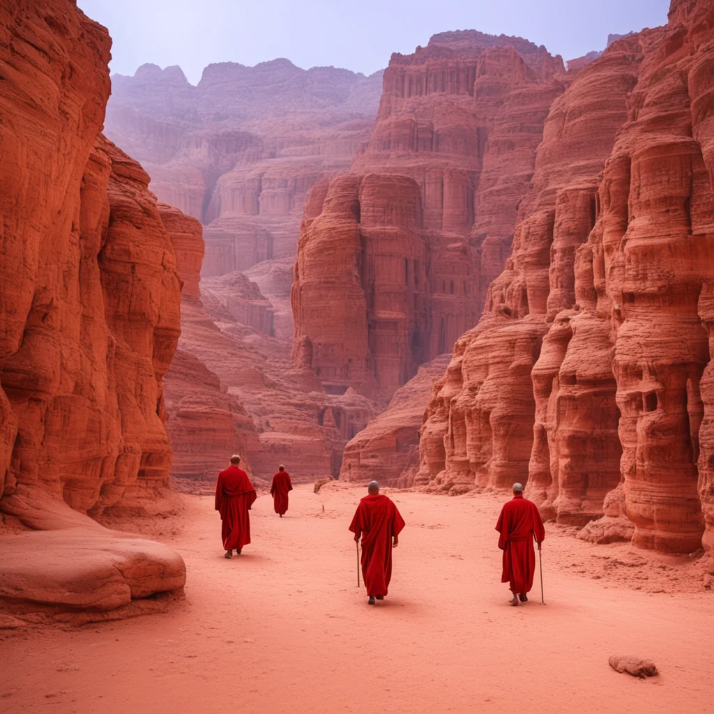 group of monk walking to a giant marble temple build in middle of red canyon of petra amazing awesome portrait 2