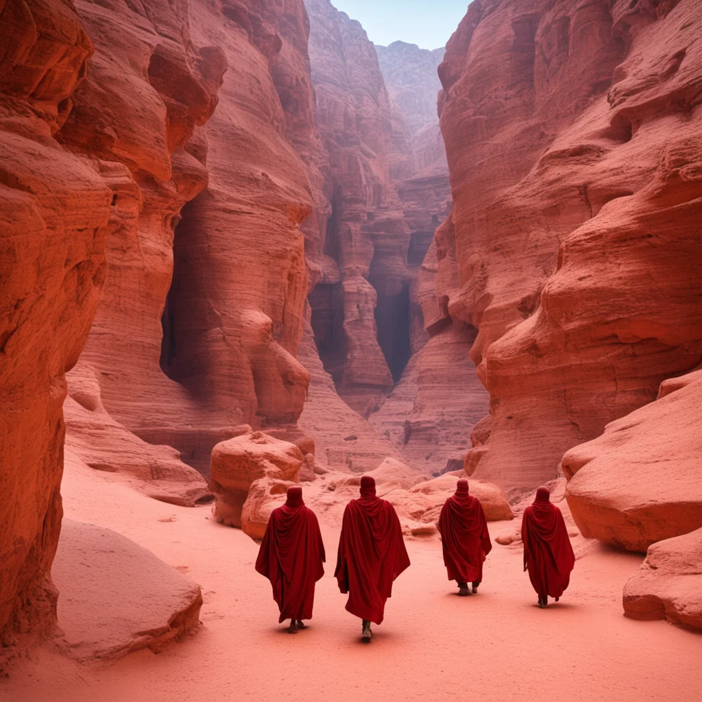 group of monk walking to a giant marble temple build in middle of red canyon of petra good looking trending fantastic 1
