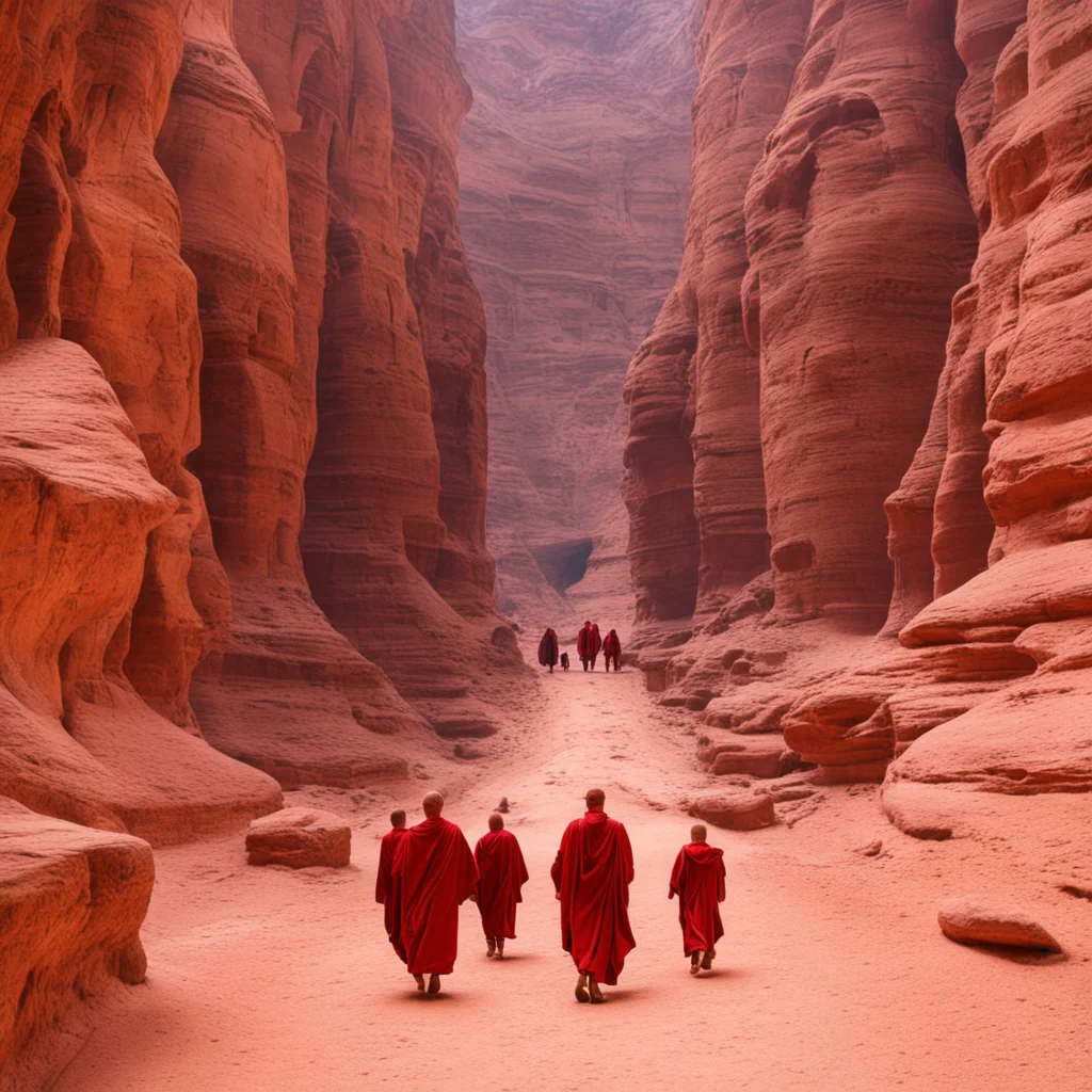 group of monk walking to a giant marble temple build in middle of red canyon of petra