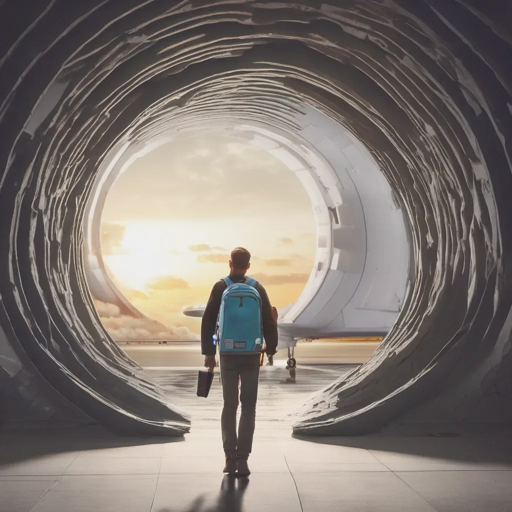 aiguy wearing a backpack walking at the airport through a hole that leads to space amazing awesome portrait 2