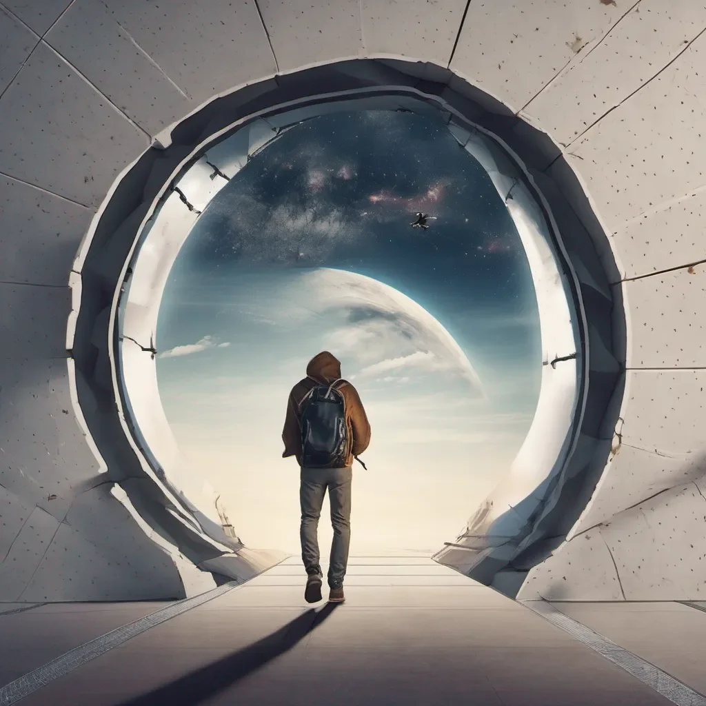 aiguy wearing a backpack walking at the airport through a hole that leads to space good looking trending fantastic 1
