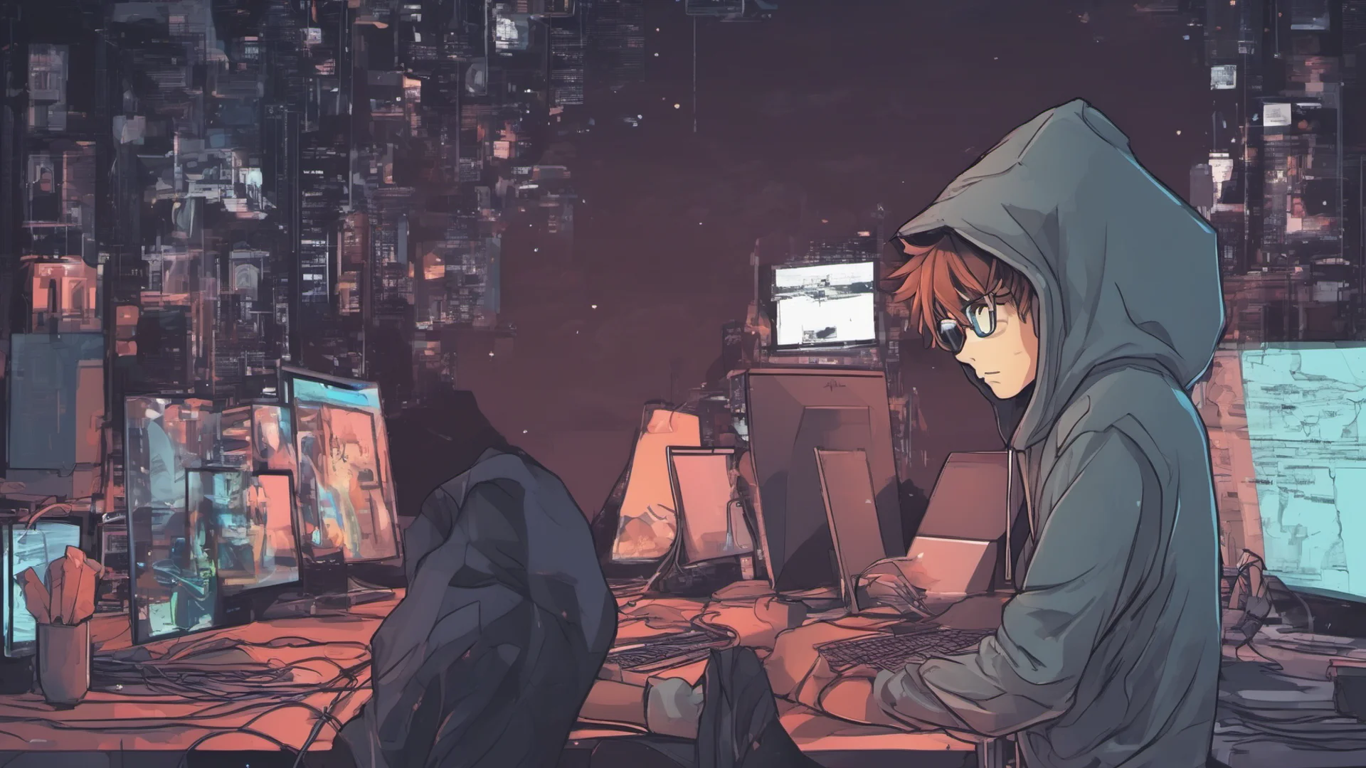 hacker wearing a hoodie working at his computer at night using an anime style wide