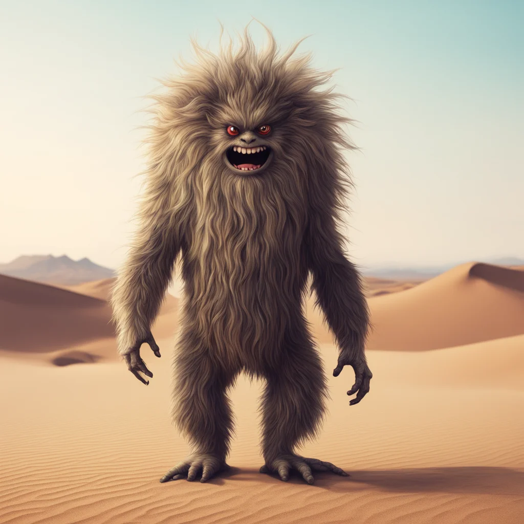 hairy cute monster with beard standing on two feet in the desert with tail