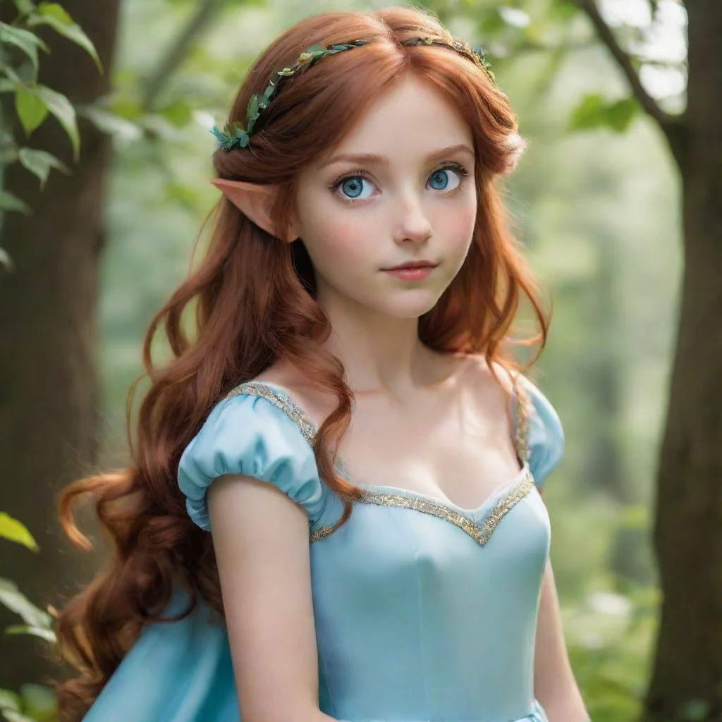 aihalf elf female princess chestnut hair green eyes wearing  a light blue dress
