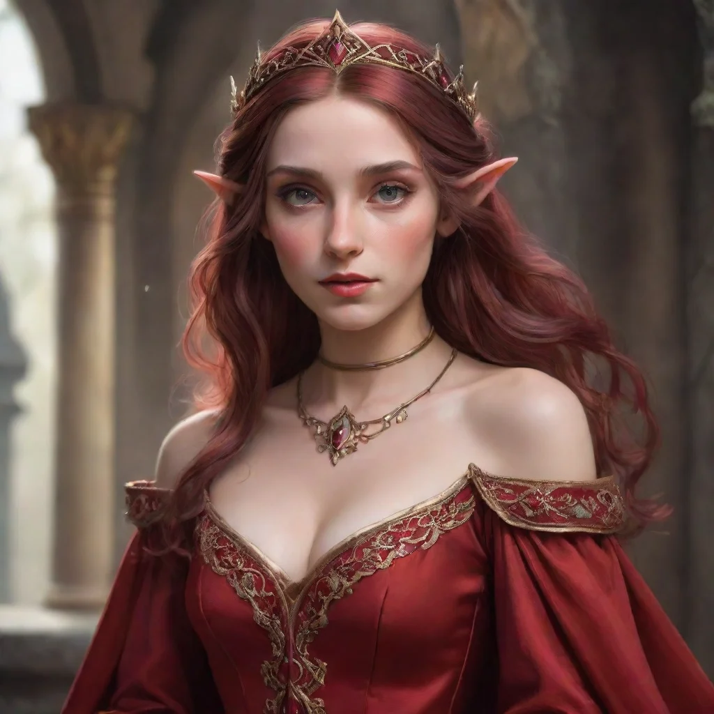 half elf female princess wearing a crimson dress