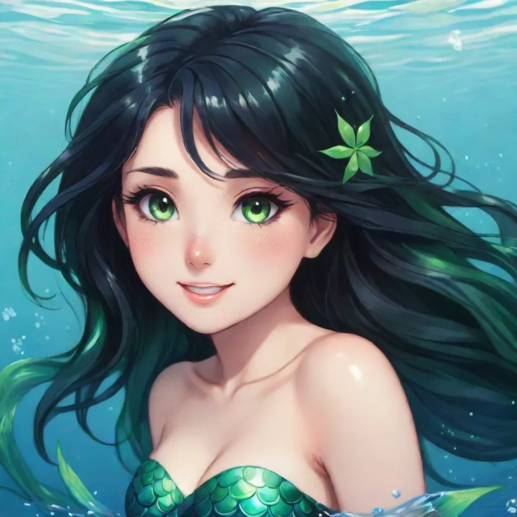 aihappy anime mermaid with black hair and green eyes