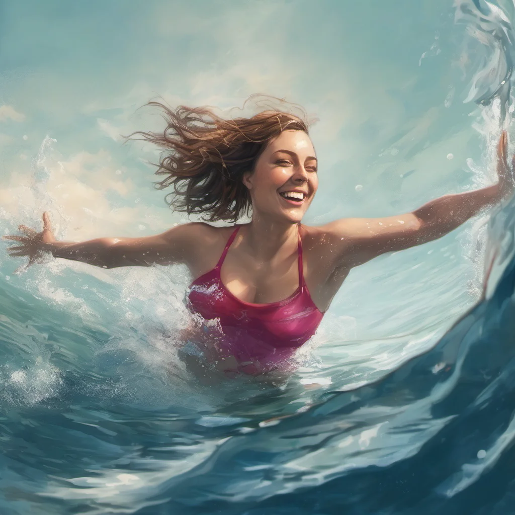 happy free realistic ocean swimming woman 