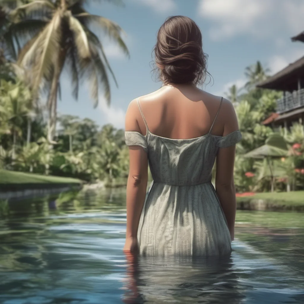 happy traveler woman realistic  swimming in bali back view  