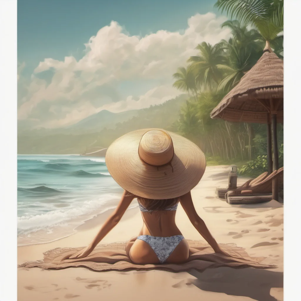 aihappy traveler woman realistic  swimming in bali back view sun bathing on sand  