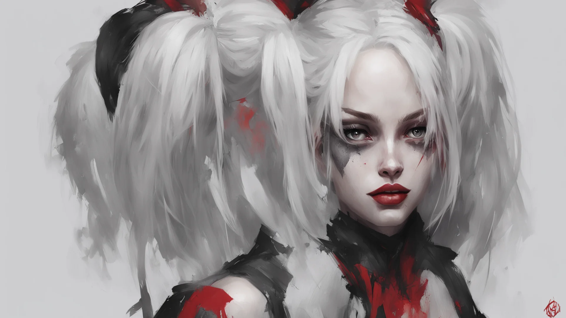 harley quinn portrait dangerous and beautiful character concept art face by wlop face symmetry style of krenz cushart ashley wood and charlie bowater and confident engaging wow artstation art 3 wide